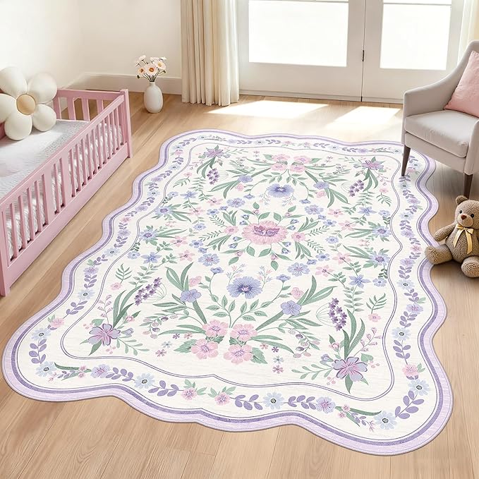 Scalloped Floral Rug 5x7, Soft Low Pile Cottagecore Carpet by Dadasgk