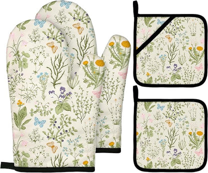 Vintage Wild Floral Oven Mitts and Pot Holders Sets Green Botanical Butterfly by Imvertu