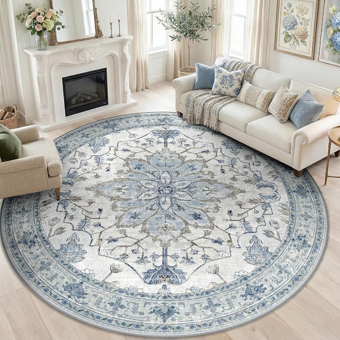 RELEANY Area Rugs Round 8ft Washable Non-Slip, Floral Vintage Distress by RELEANY