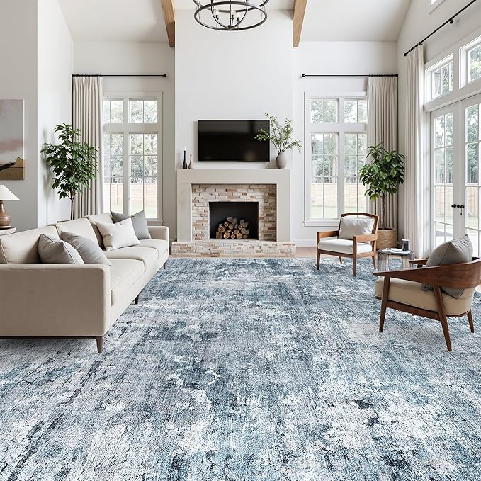 Soalmost 12x15 Washable Area Rug Blue/Grey Neutral Abstract Living Room Large - Image 4
