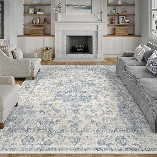 9x12 Neutral Area Rug Blue Vintage Living Room Bedroom Washable Carpet Non-Slip by WondRg