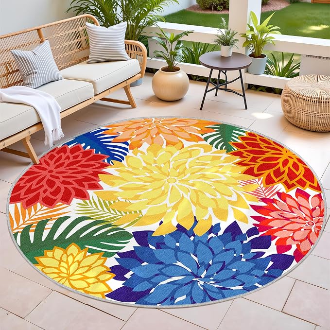 Colorful 6FT Outdoor Round Area Rug Washable Rugs Multicolored Patio Rug - Image 3