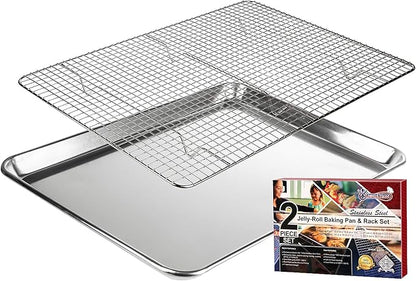 KITCHENATICS Aluminum Jelly Roll Pan 15x10 and Stainless Steel Rack Set by KITCHENATICS