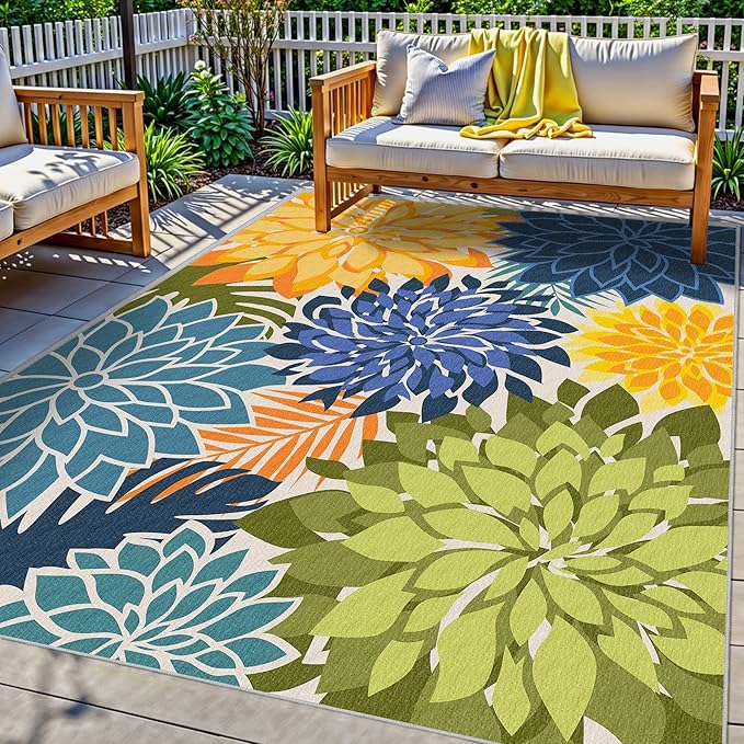 Colorful 5x8 Outdoor Area Rug Washable Multicolored Patio Rug Tropical by ArenaRug
