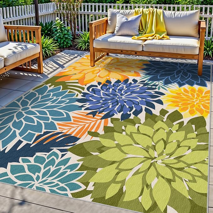 Colorful 9x12 Outdoor Area Rug Washable Multicolored Patio Rug Tropical by ArenaRug