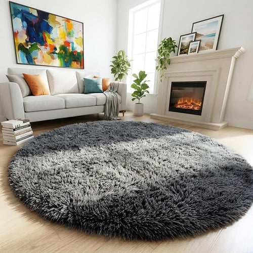Amdrebio Grey Round Rugs 6Ft for Bedroom Living Room Decor, Fluffy Shaggy by Amdrebio