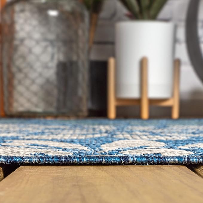 JONATHAN Y Floral Textured Weave Indoor Outdoor Square Area Rug 5X5 Navy/Aqua - Image 8