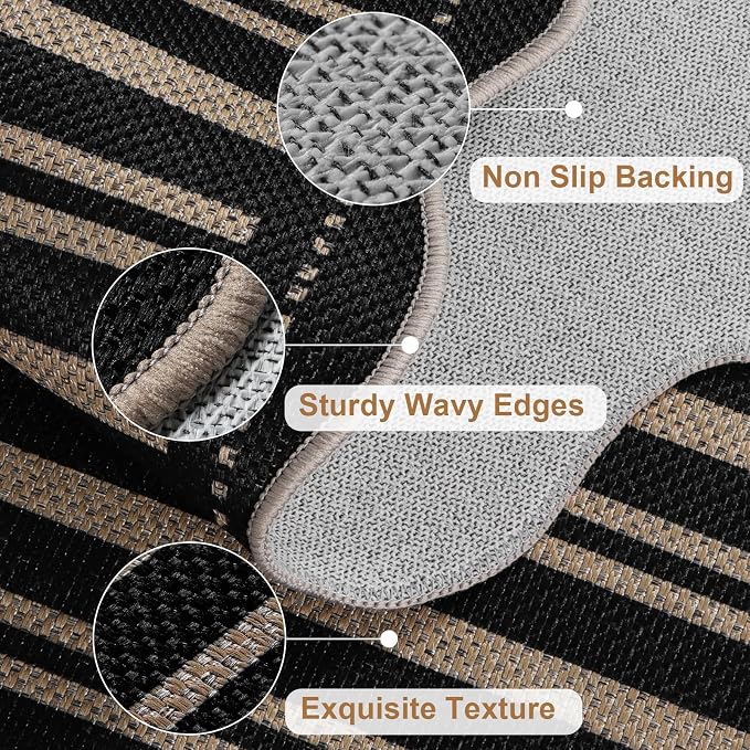 Striped Easy Jute 4x6 Outdoor Patio Rug, Washable Indoor Outdoor Black Kitchen - Image 4