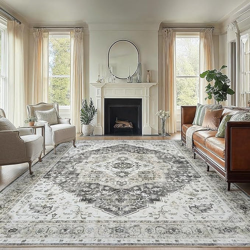 AMADA HOMEFURNISHING Grey 8x10 Area Rug, Washable Low-Profile Large Area Rug by AMADAHOMEFURNISHING