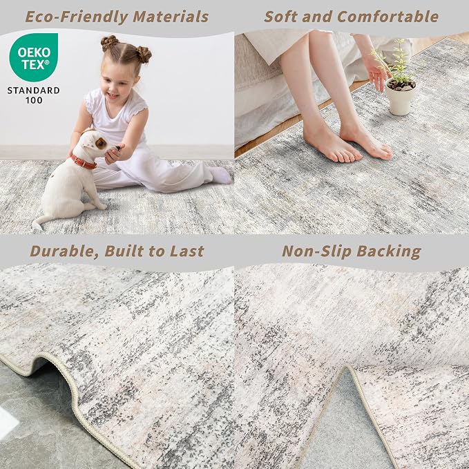 2x8 Washable Hallway Runner Rug – Non-Slip Modern Abstract Neutral Low-Pile - Image 5