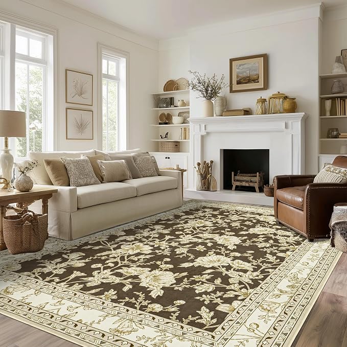 Extra Large Browm Area Rug for Living Room 10x14, Floral Dining Room Rugs for - Image 8