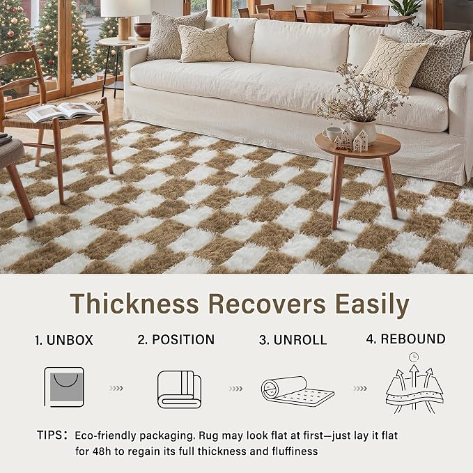 PureCozy 5x7 Area Rugs for Living Room Brown Soft Shag Checkered Large Rug - Image 6