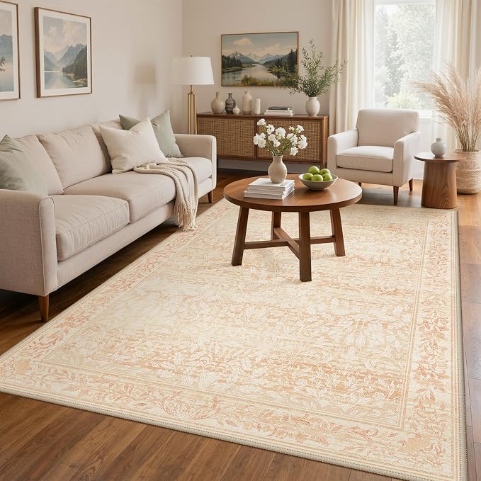 GENIMO 8x10 Washable Area Rug, Non-Slip Vintage Boho Floral Carpet, Large Area by GENIMO