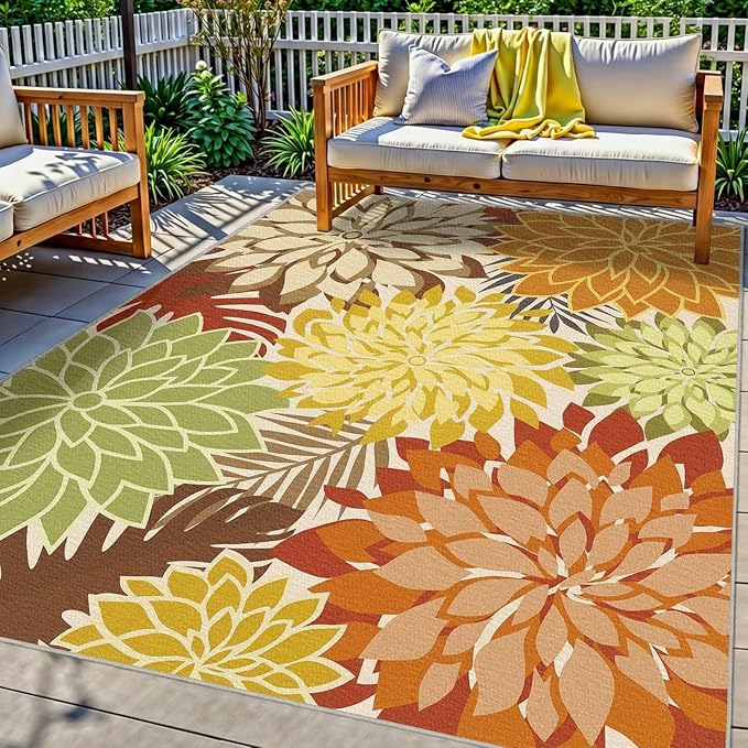 Colorful 8x10 Outdoor Area Rug Washable Multicolored Patio Rug Tropical by ArenaRug