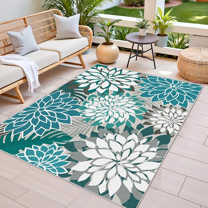 Colorful 9x12 Outdoor Area Rug Washable Multicolored Patio Rug Tropical - Image 3