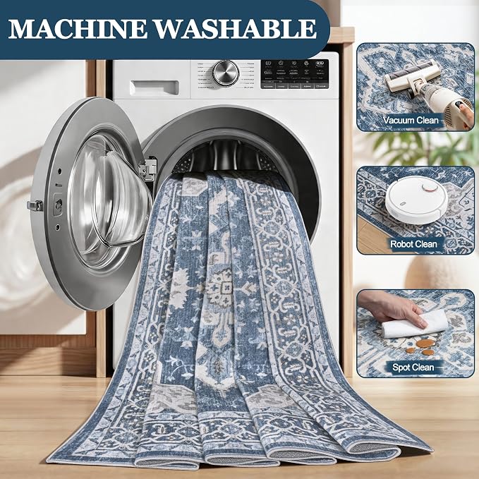 8x10 Area Rugs for Living Room:Blue Washable Vintage Medallion Boho Rug - Image 7