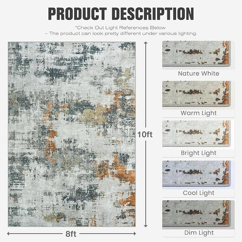 Area Rug 8x10 Living Room Rug Washable: No-Slip Abstract Soft Thin Large Grey - Image 2