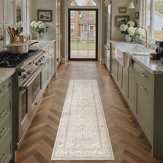 2x6 Washable Vintage Runner Rug Beige Oriental Hallway Kitchen Throw Rug - Image 3
