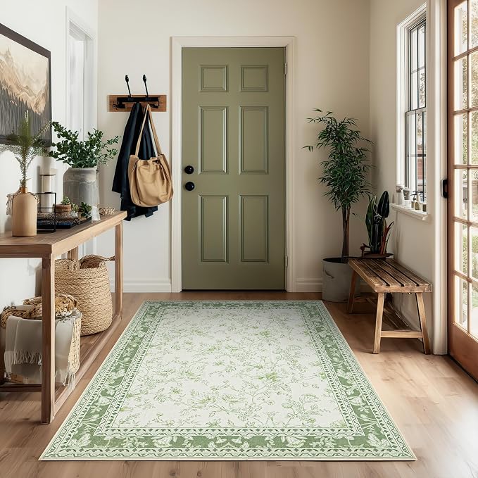 Green and Cream Area Rug 3x5 for Entryway Machine Washable Small Rug for Indoor by BILEEHOME