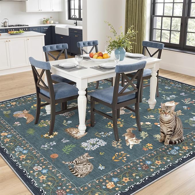 Soalmost Cat 6x9 Area Rugs for Living Room, Machine Washable Animal Floral - Image 2