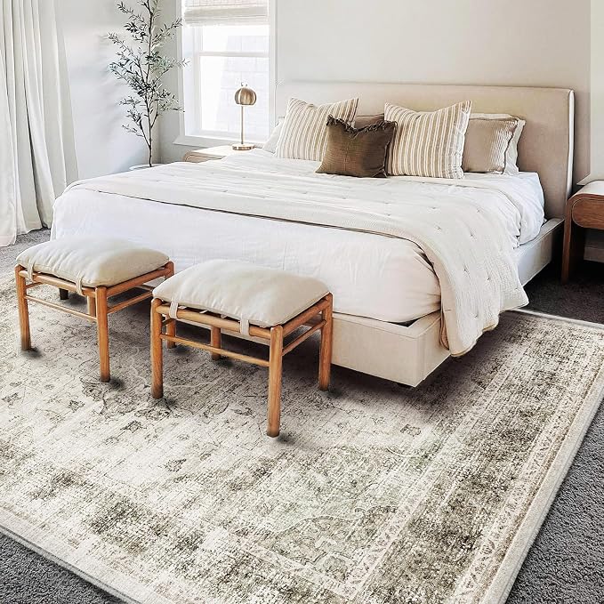 CHAMPLANT Washable Area Rug 8'x10' Retro Floral Khaki Boho Design Non-Shedding - Image 2
