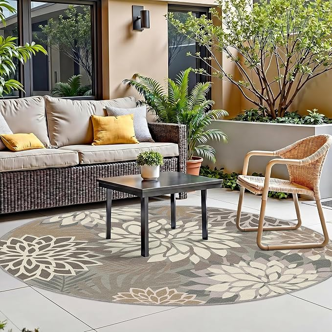 6x6 Outdoor Area Rug Washable Multicolored Patio Rug Tropical Botanical Floral - Image 3