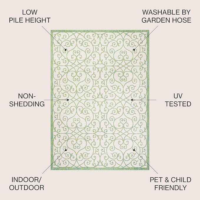 JONATHAN Y Vintage Filigree Indoor Outdoor Area Rug 9X12 Cream/Green, Madrid - Image 3