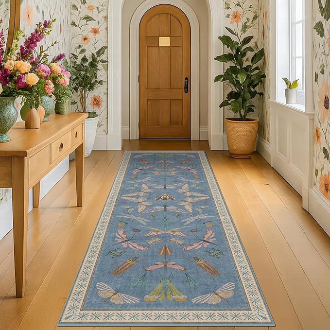 Hazo Haus Blue Boho Hallway Runner Rug 2x8, Washable Non Slip Rug by HazoHaus