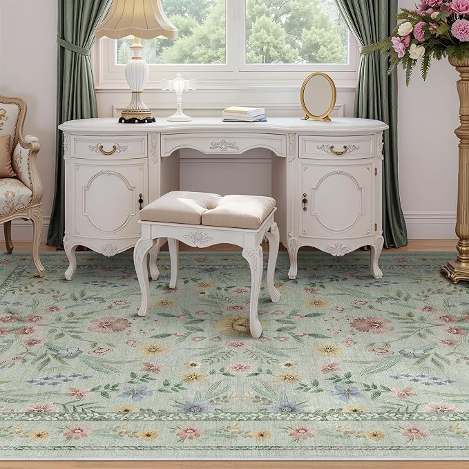 Green Washable Floral Rugs 7x9 Large Vintage Boho Non-Slip Living Room Carpet - Image 2