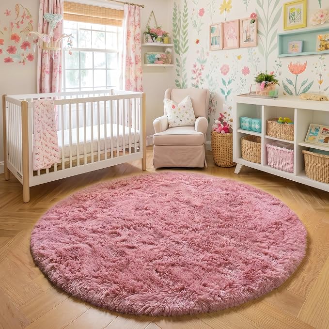 Blush Pink Big Round Rug 8Ft for Kids Bedroom, Large Fluffy Fuzzy Furry Circle - Image 6