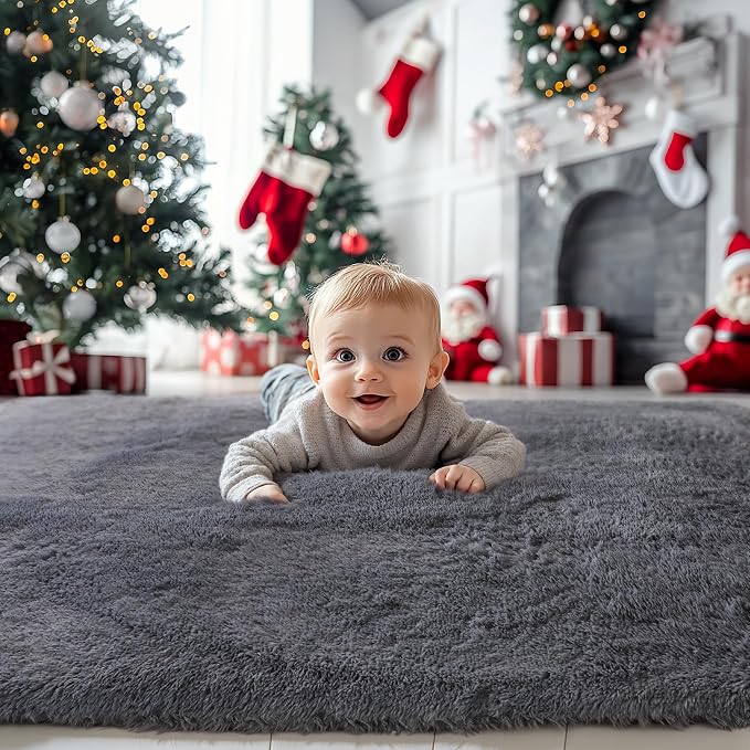 KICHOWUA 5x8 Grey Fluffy Fuzzy Area Rug - Image 2