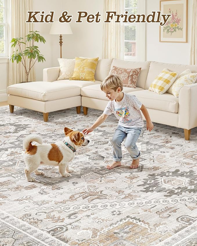 8ft Round Area Rug: Washable Vintage Neutral Soft Non Slip Thin Large Floor - Image 7