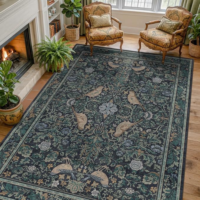 Moody Floral 6x9 Boho Living Room Rug by HazoHaus