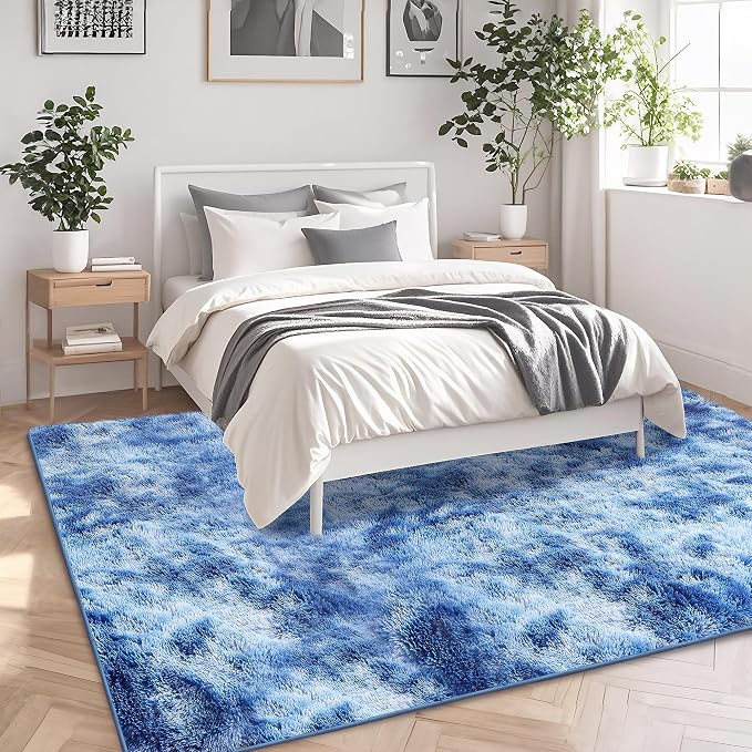 5x7 Area Rugs for Living Room, Tie-Dyed Blue Fluffy Shag Rug for Bedroom Boys - Image 3