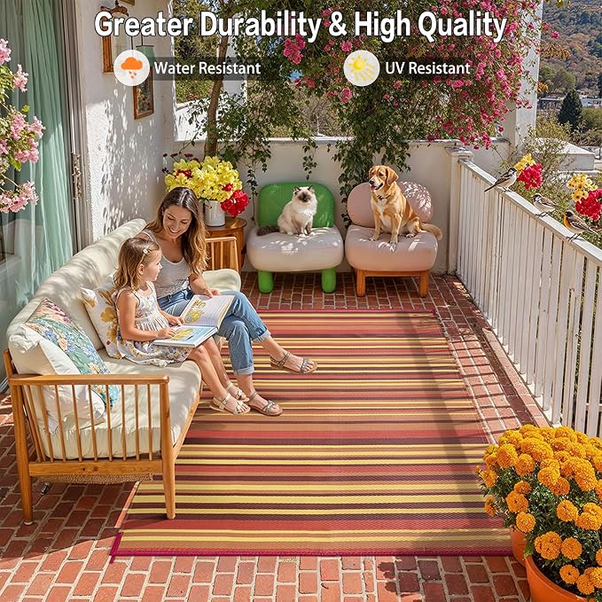 Outdoor Plastic Straw Rug Waterproof Patio 9x18 Red Orange Stripe Mat - Image 5