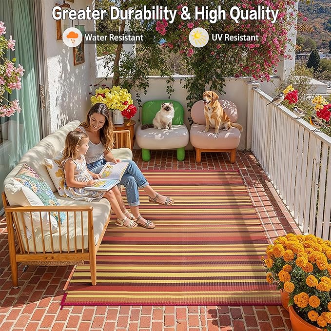 Outdoor Plastic Straw Rug Waterproof Patio 8x10 Red Orange Stripe Mat - Image 5