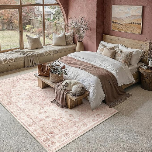 10x14 Neutral Area Rug Pink Vintage Living Room Bedroom Washable Carpet - Image 2