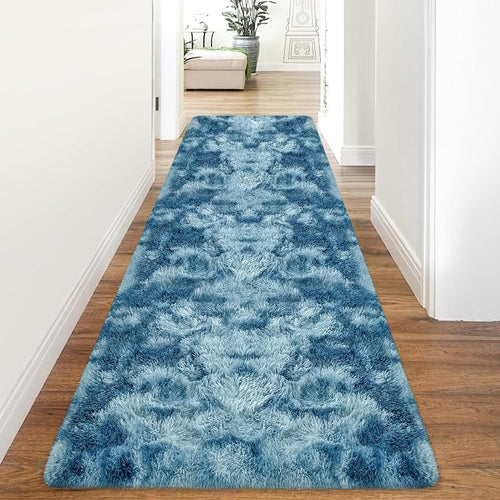 3x10ft Plush High Pile Blue Tie-Dyed Rug Fluffy Soft Runner Bedside Rug by TENNOLA