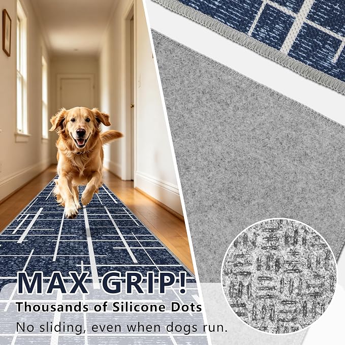 Non Slip Hallway Runner Rug 2.6x12, Modern Distressed Stripe, Washable Extra - Image 5