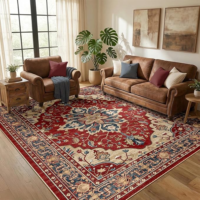 RELEANY Area Rugs 5'x7' Washable Non-Slip, Floral Vintage Distress Medallion by RELEANY