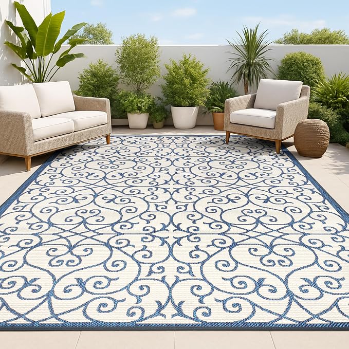 JONATHAN Y Vintage Filigree Indoor Outdoor Area Rug 5X8 Navy/Beige, Madrid by JONATHANY