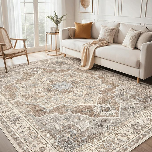 10x12 Washable Area Rug: Vintage Neutral Soft Non Slip Thin Large Floor Carpet by MICGEEK