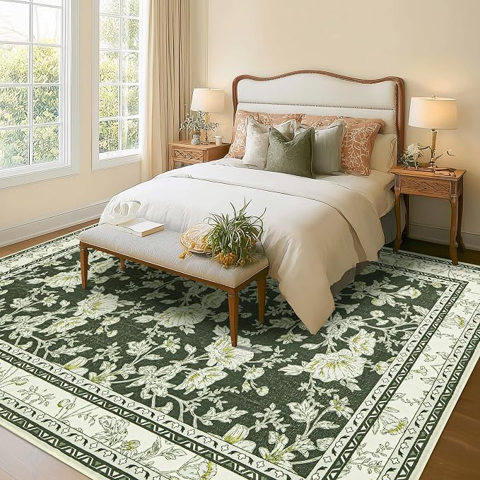 Olive Green Floral 5x7 Area Rug Vintage Boho Washable Printed Rug - Image 3