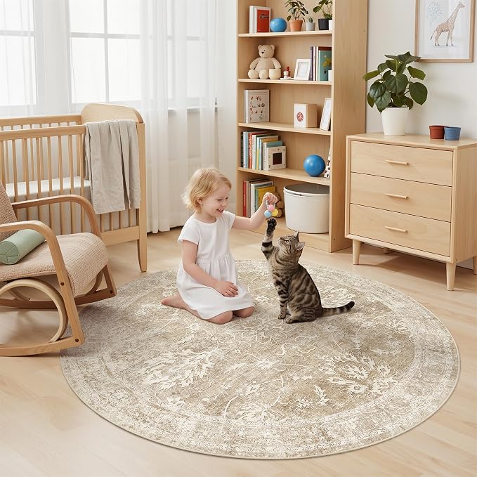 Madane Washable Round Rug 5ft for Living Room, Soft Ultra-Thin Non-Slip Vintage - Image 4