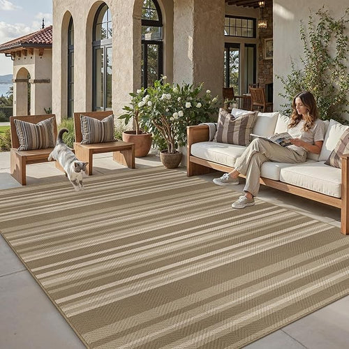 8x10 Easy Jute Stripe Area Rug Beige Brown Indoor Outdoor Rug Non Slip Neutral by WondRg
