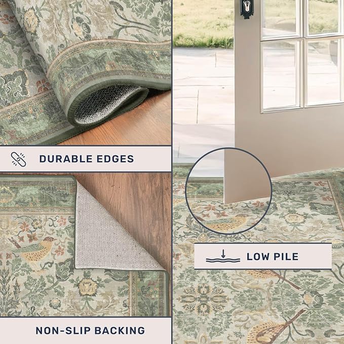 Hazo Haus 5x8 Vintage Sage Green Area Rug, Washable Botanical Bird Pattern Rug - Image 4