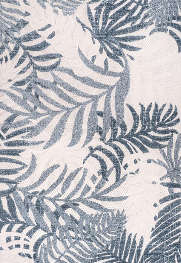 JONATHAN Y Tropics Palm Leaves Indoor Outdoor Area Rug 5x8 Cream/Dark Blue - Image 7