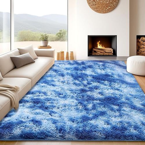 8x10 Shag Area Rugs for Living Room, Tie-Dyed Blue Large Fluffy Shaggy Rug for - Image 2