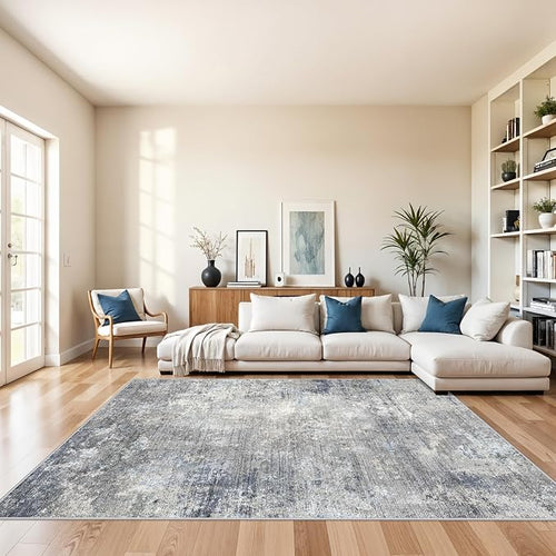 7x7 Square Rug Machine Washable – Modern Neutral Abstract Non-Slip Area Rug by BYYVOORugsforYourHome