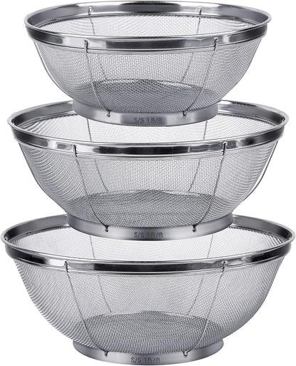 3 Pack Strainers for Kitchen, 18/8 Stainless Steel Colander, Fine Mesh Strainer by Tiawudi